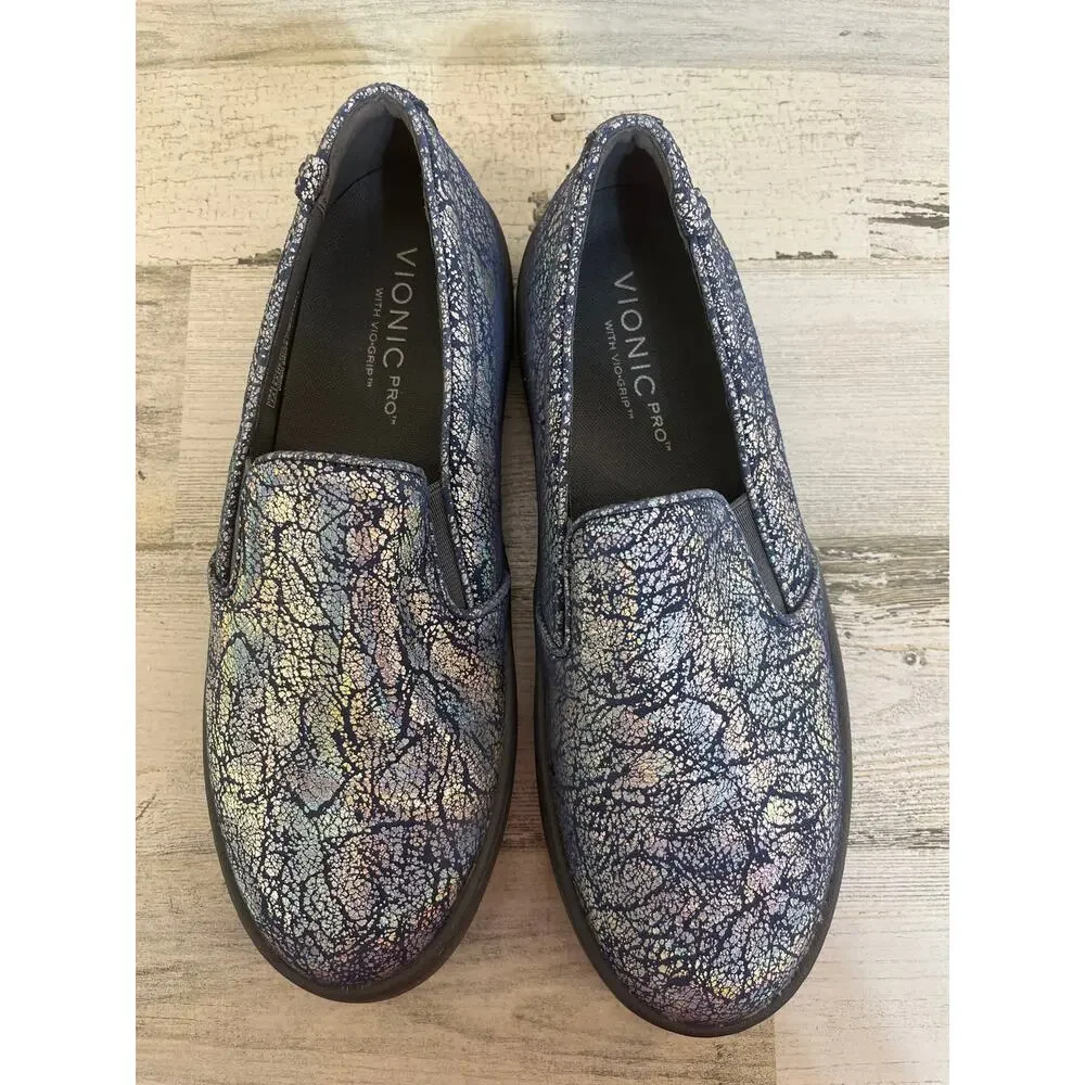 NWOT Vionic Avery Metallic Slip On Loafer Womens 7.5 Navy Blue Silver Orthopedic
